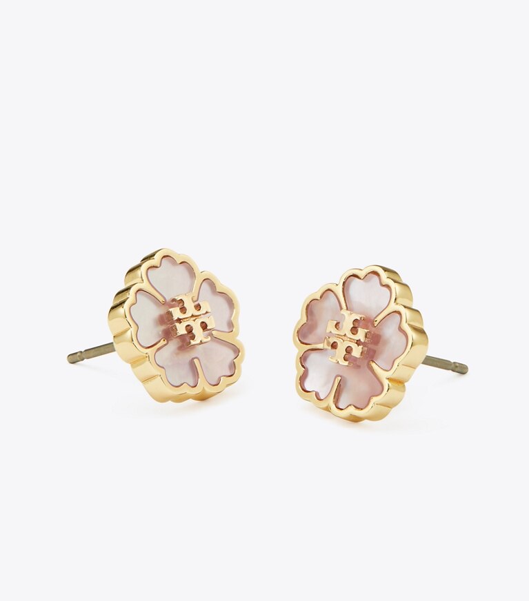 Tory Burch designer boucles d'oreilles Petites boucles d'oreilles clous Myosotis dans Tory Gold / Mother of Pearl détails