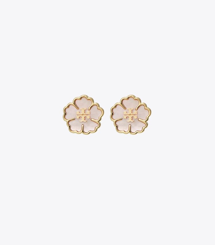 Tory Burch designer boucles d'oreilles Petites boucles d'oreilles clous Myosotis dans Tory Gold / Mother of Pearl de face