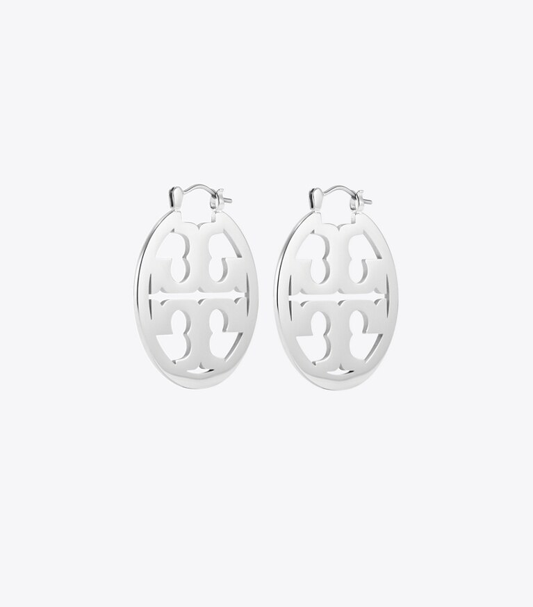Tory Burch designer boucles d'oreilles Petites créoles Icon in Tory Silver front