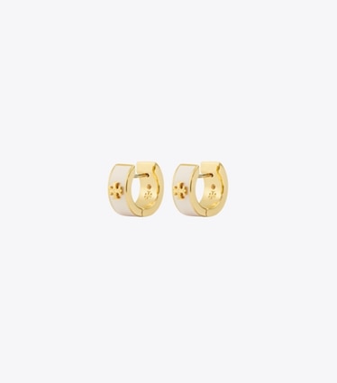 Tory Burch designer boucles d'oreilles Petites créoles Icon in Tory Gold / Pink Snow front