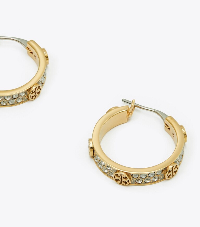 Tory Burch designer boucles d'oreilles Petites créoles Icon pavé dans Tory Gold / Crystal détails