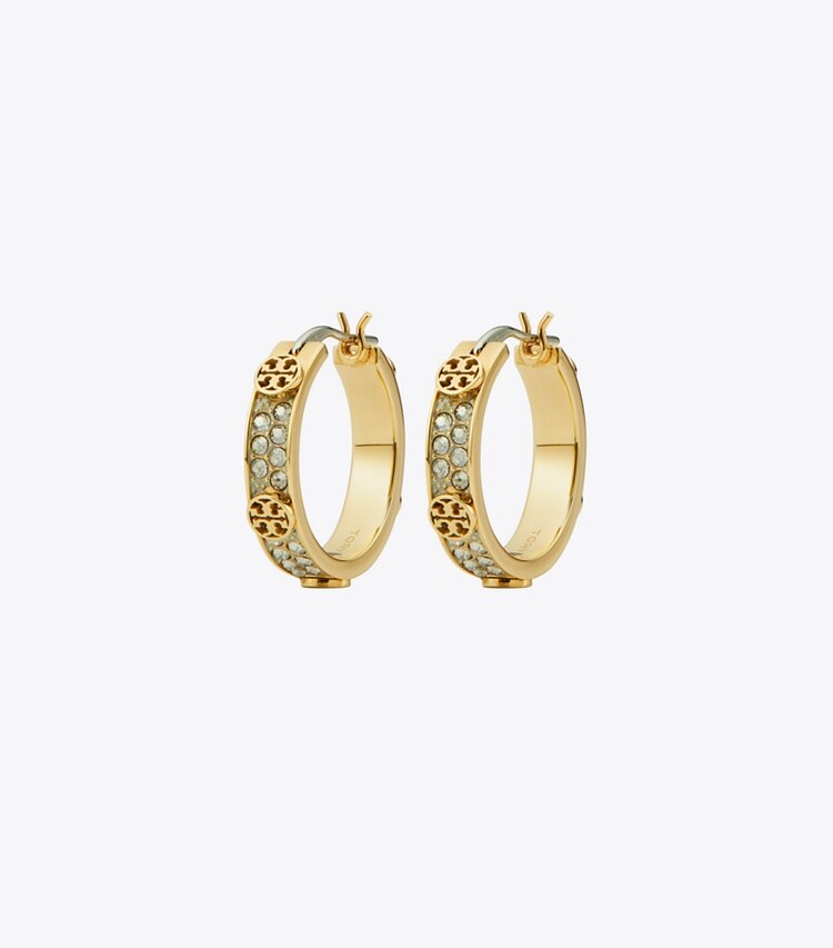 Tory Burch designer boucles d'oreilles Petites créoles Icon pavé dans Tory Gold / Crystal de face