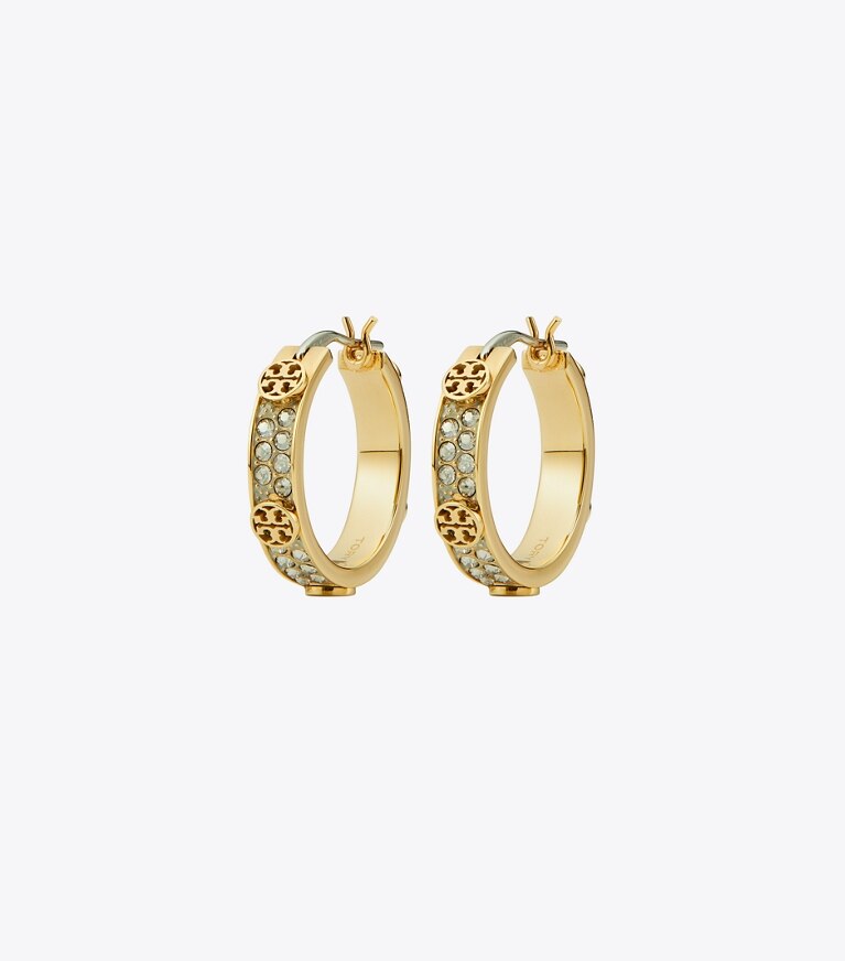 Tory Burch designer boucles d'oreilles Petites créoles Icon pavé dans Tory Gold / Crystal de face
