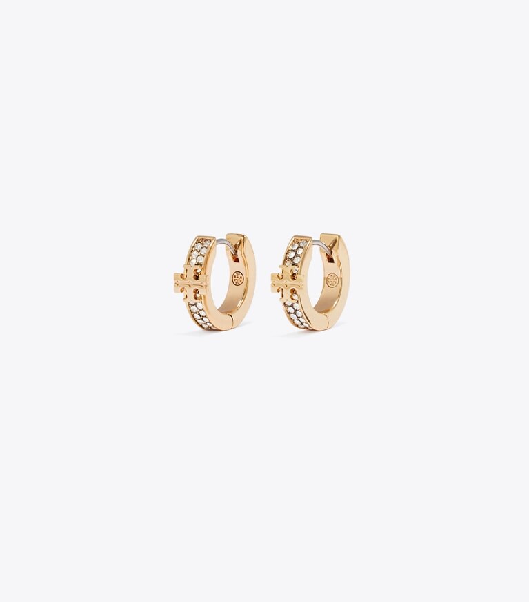 Tory Burch designer boucles d'oreilles Petites créoles Icon pavées in Tory Gold / Crystal front