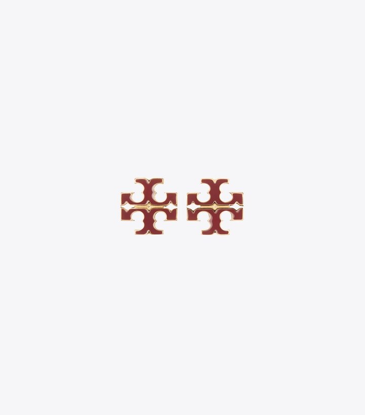 Tory Burch designer boucles d'oreilles Petites puces d’oreilles Icon en émail in Tory Gold / Burgundy front