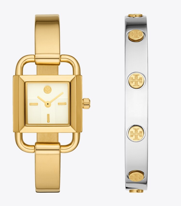 Tory Burch designer strap watches Phipps Watch Gift Set, Two-Tone Stainless Steel/Gold/Ivory, 22 x 31 MM in Ivory / Gold / Silver/ Gold detail