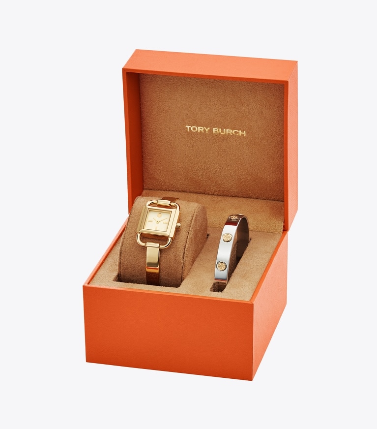 Tory Burch designer strap watches Phipps Watch Gift Set, Two-Tone Stainless Steel/Gold/Ivory, 22 x 31 MM in Ivory / Gold / Silver/ Gold front