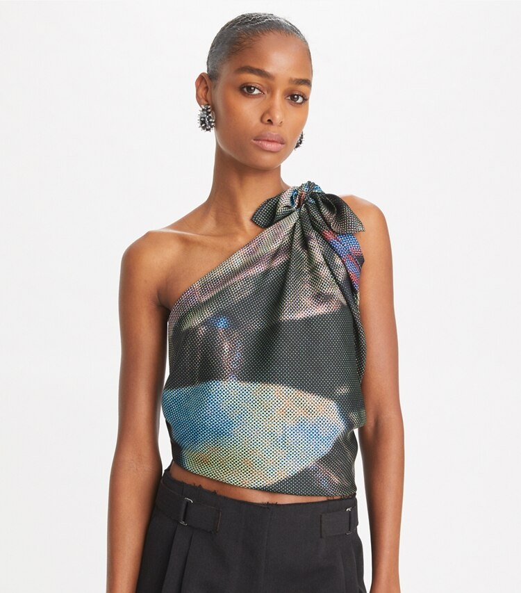 Tory Burch designer scarves Photo Collage Oversized Silk Square in Black Photo Collage accessory on model
