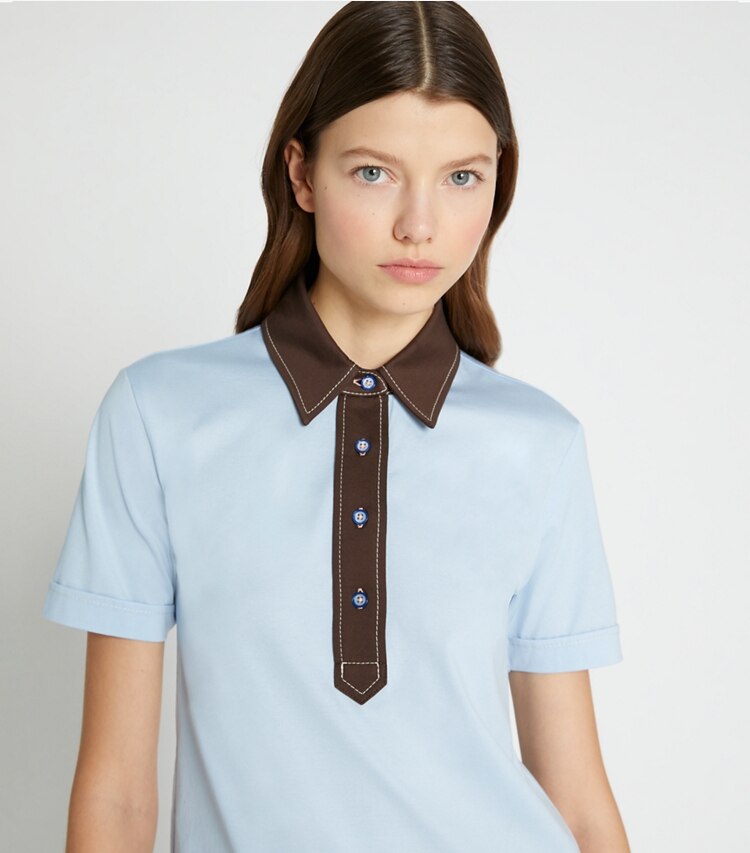 Tory Sport designer tops Pick Stitch Contrast Collar Polo in Ice Flow on model detail