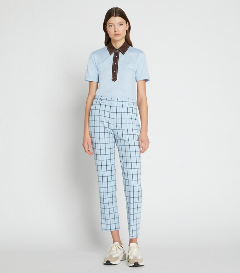 Tory Sport designer tops Pick Stitch Contrast Collar Polo in Ice Flow front