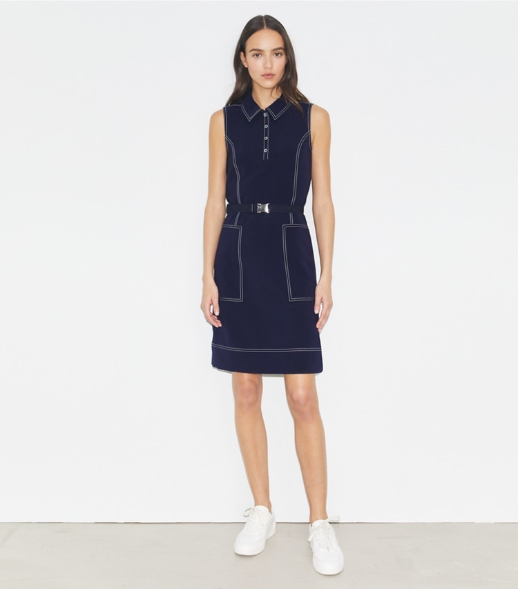 Tory Burch designer dresses Pick Stitch Golf Dress in Tory Navy on model front