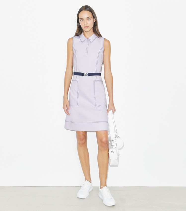 Tory Burch designer dresses Pick Stitch Golf Dress in Hazy Lavender on model front