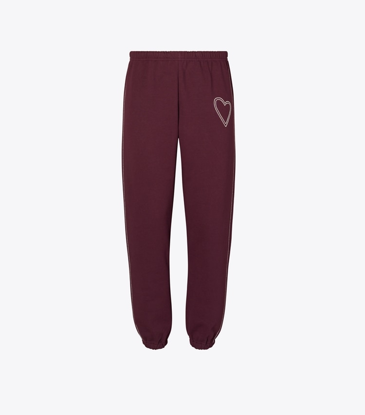 Tory Burch designer bottoms Pick Stitch Heart French Terry Sweatpant in Dark Merlot front