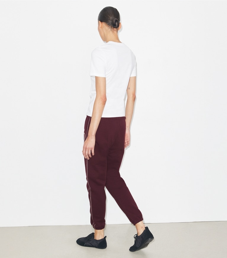 Tory Burch designer bottoms Pick Stitch Heart French Terry Sweatpant in Dark Merlot front