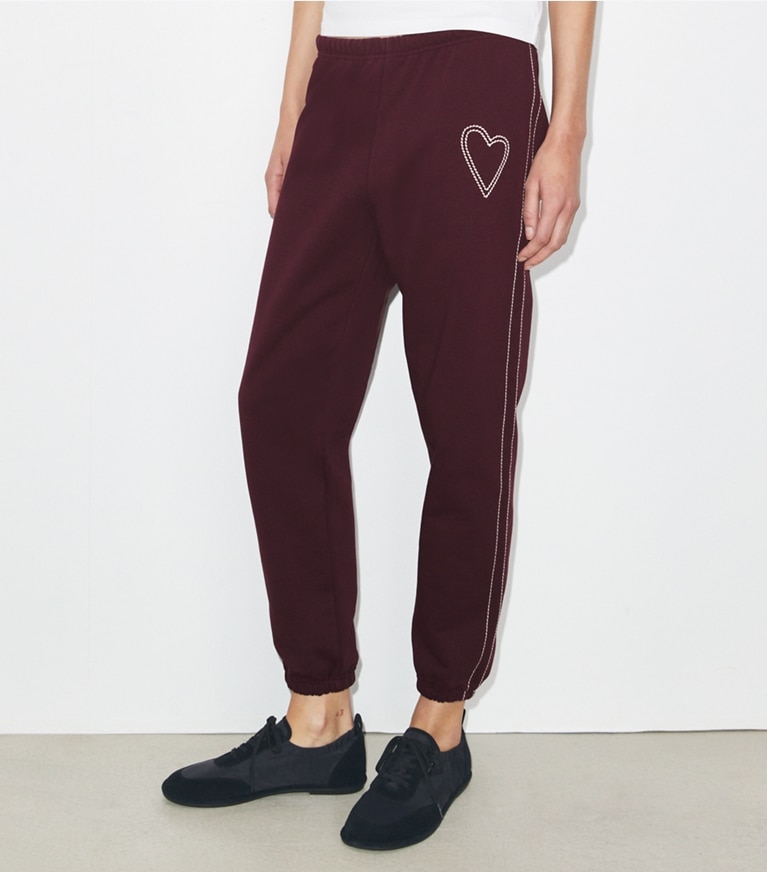 Tory Burch designer bottoms Pick Stitch Heart French Terry Sweatpant in Dark Merlot front
