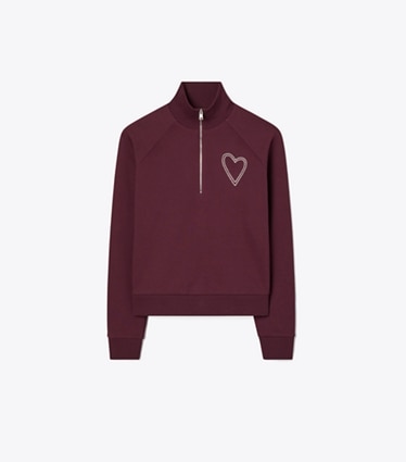 Tory Burch designer sweaters Pick Stitch Heart French Terry Sweatshirt in Dark Merlot front