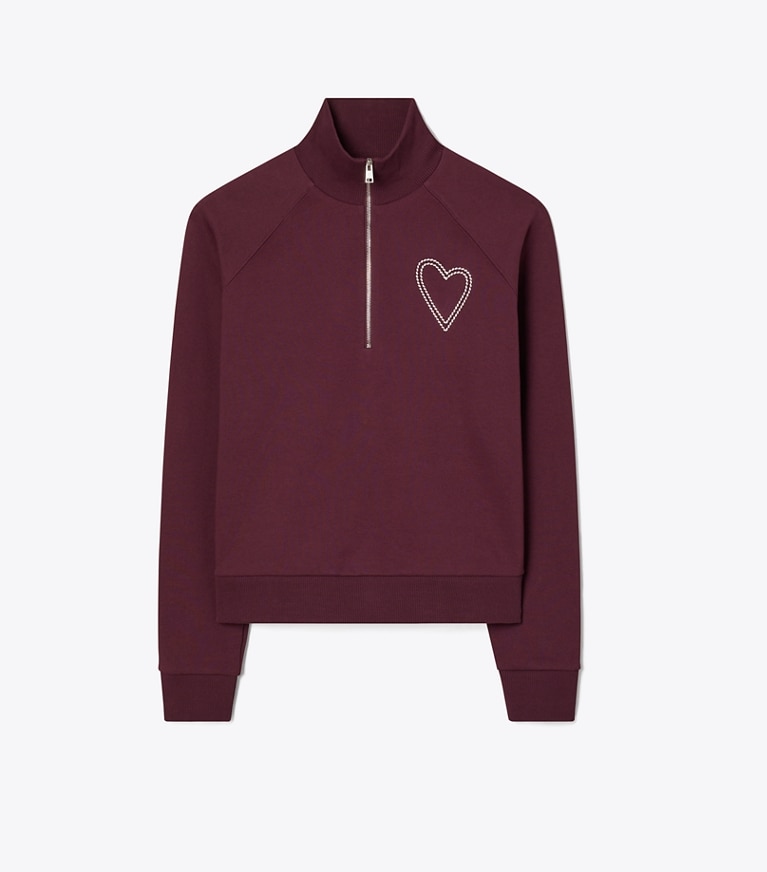 Tory Burch designer sweaters Pick Stitch Heart French Terry Sweatshirt in Dark Merlot front