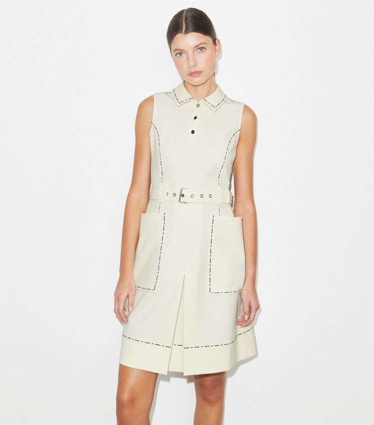 Tory Burch designer dresses Pick Stitch Stretch Golf Dress in New Ivory on model detail
