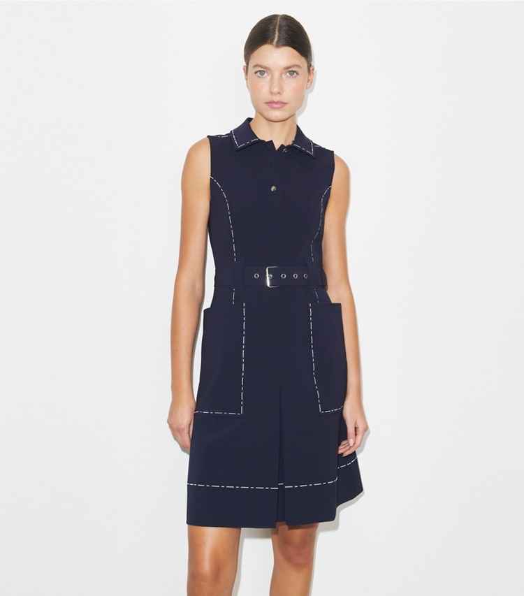 Tory Burch designer dresses Pick Stitch Stretch Golf Dress in Deep Navy on model detail