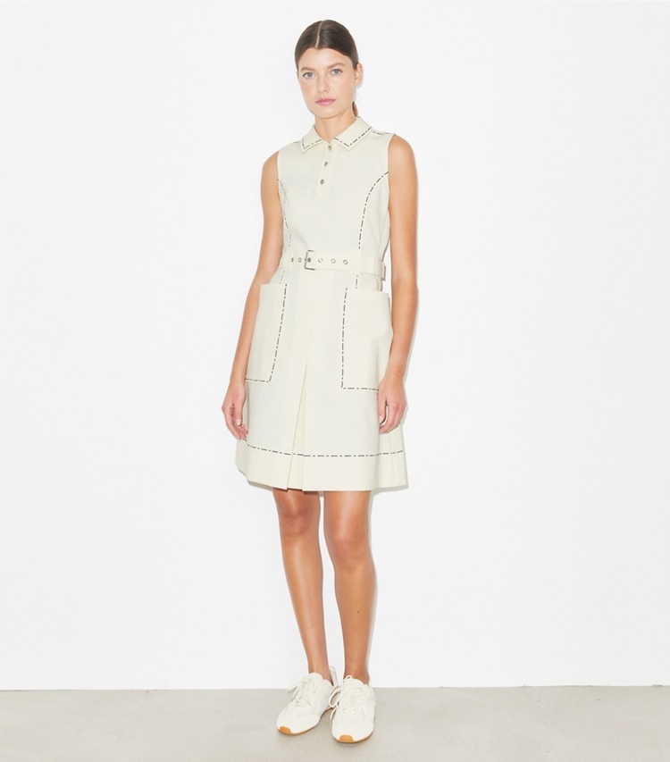 Tory Burch designer dresses Pick Stitch Stretch Golf Dress in New Ivory on model front