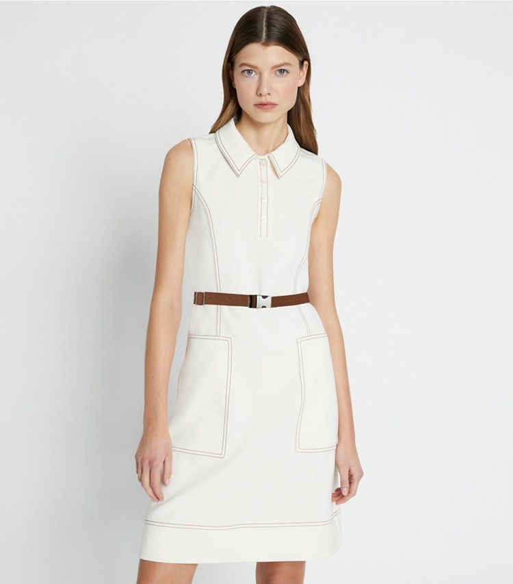Tory Burch designer ドレス ピックステッチ ゴルフドレス in NEW IVORY on model detail