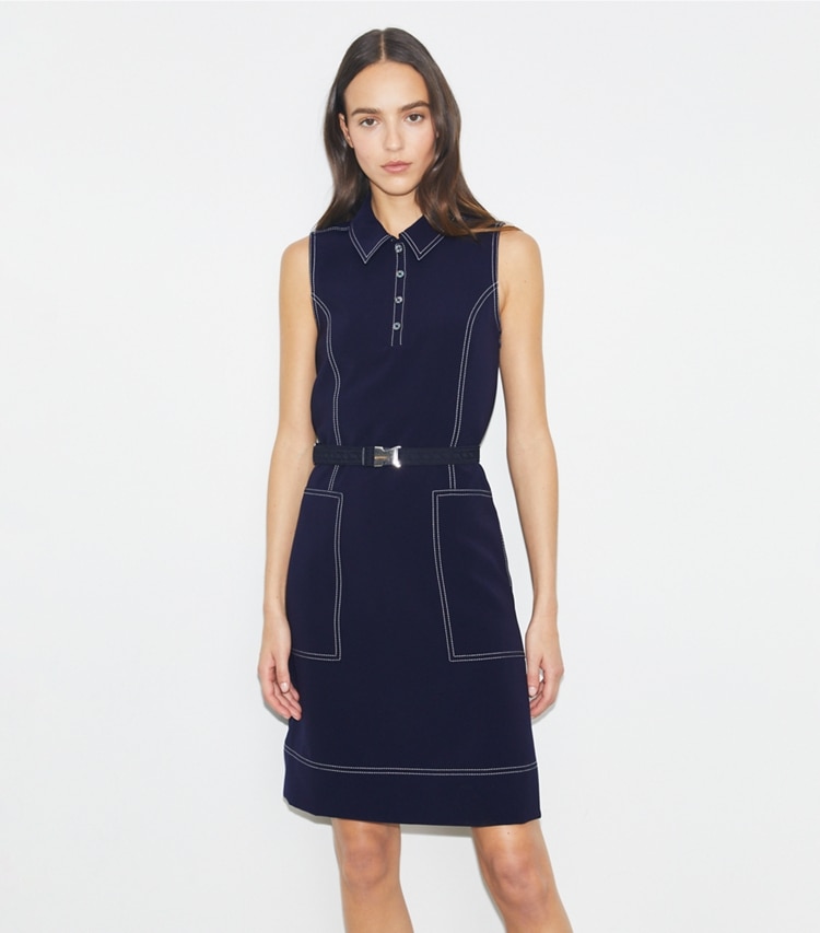 Tory Burch designer dresses Pickstitch Golf Dress in Tory Navy on model detail