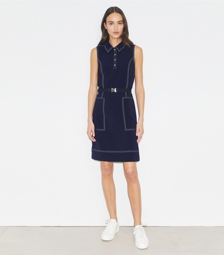 Tory Burch designer dresses Pickstitch Golf Dress in Tory Navy on model front