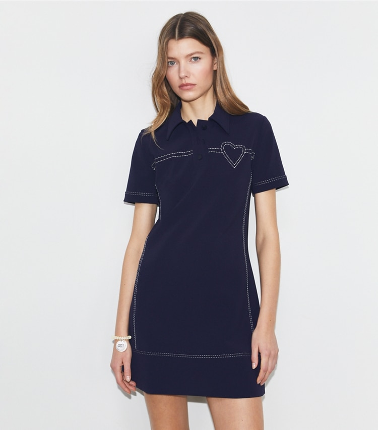 Tory Sport designer dresses Pickstitch Stretch Polo Dress in Tory Navy on model detail