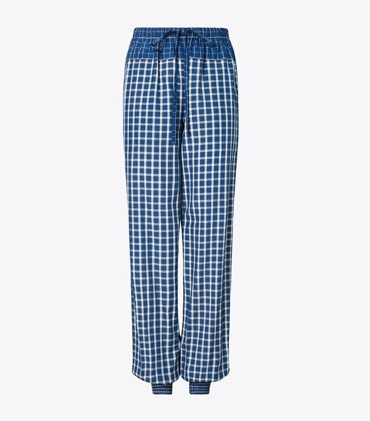 Tory Burch designer bottoms Picnic Plaid Silk Pant in Blue / White front
