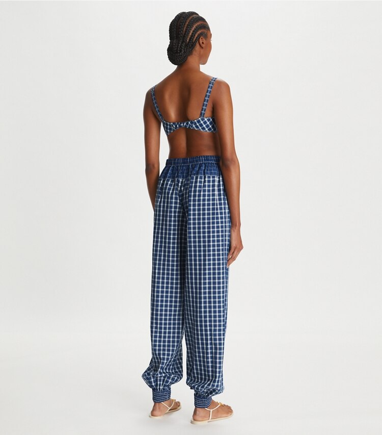 Tory Burch designer bottoms Picnic Plaid Silk Pant in Blue / White on model back