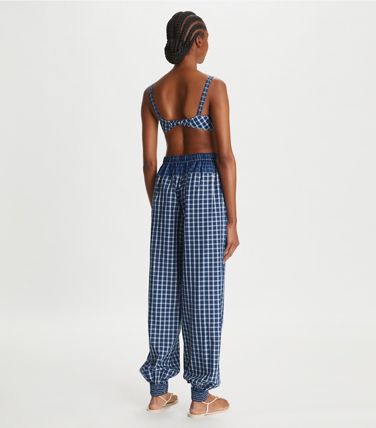 Tory Burch designer bottoms Picnic Plaid Silk Pant in Blue / White front