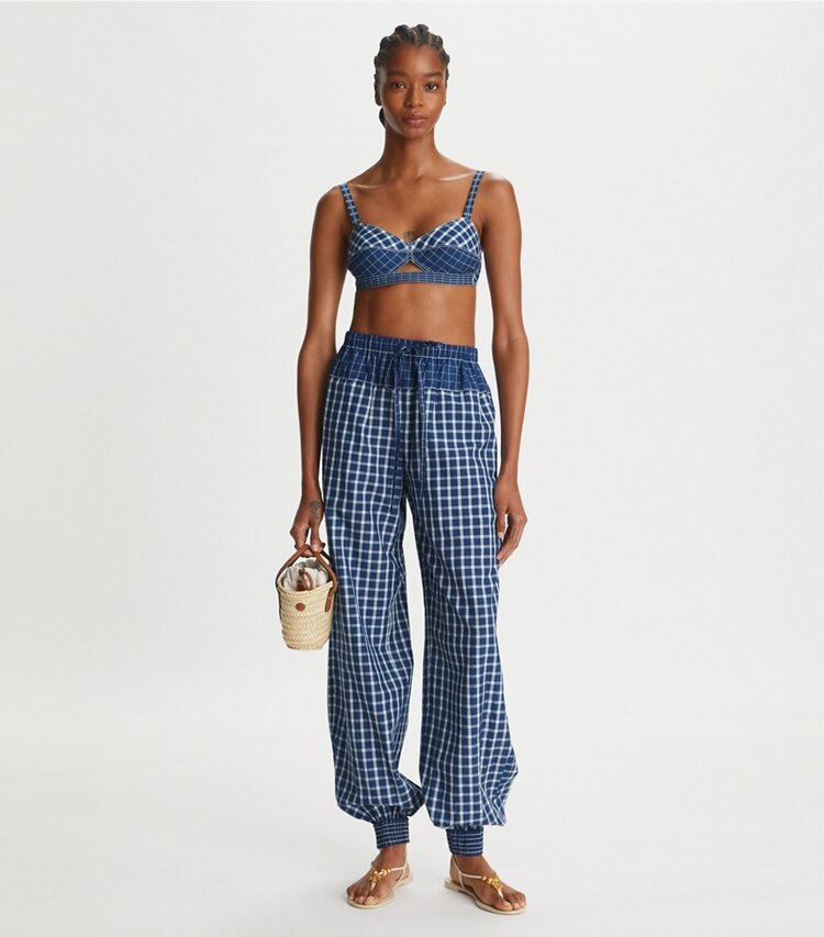 Tory Burch designer bottoms Picnic Plaid Silk Pant in Blue / White on model front