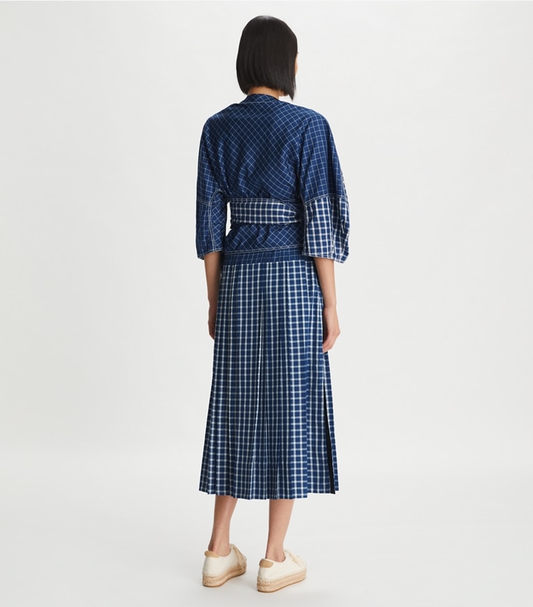 Tory Burch designer tops Picnic Plaid Silk Wrap Top in Blue / White front