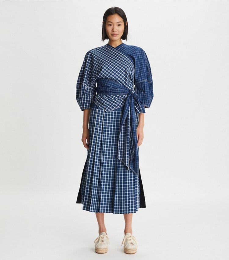 Tory Burch designer tops Picnic Plaid Silk Wrap Top in Blue / White on model front