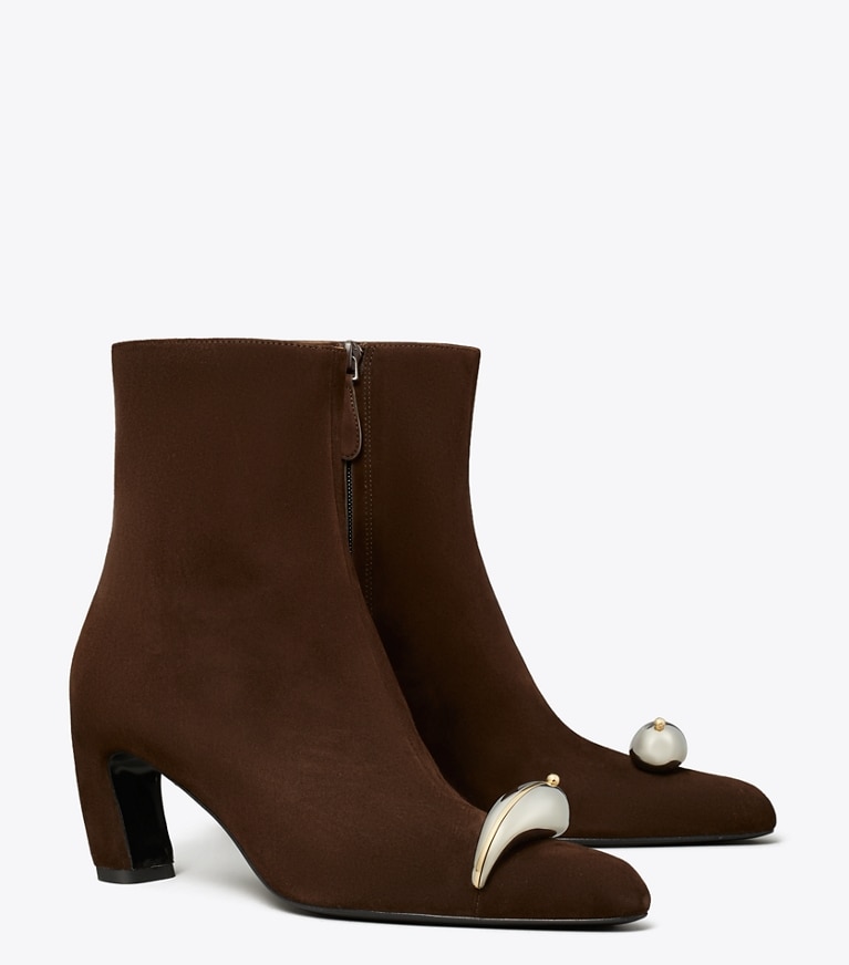 Tory Burch designer ankle boots Pierced Ankle Boot in DARK COCOA / SILVER angle