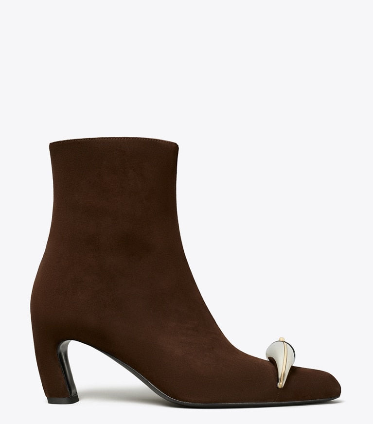 Tory Burch designer ankle boots Pierced Ankle Boot in DARK COCOA / SILVER angle