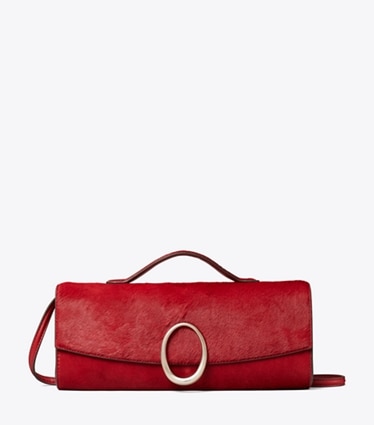 Tory Burch designer clutches Pierced Calf Hair Clutch in Toucan Red front