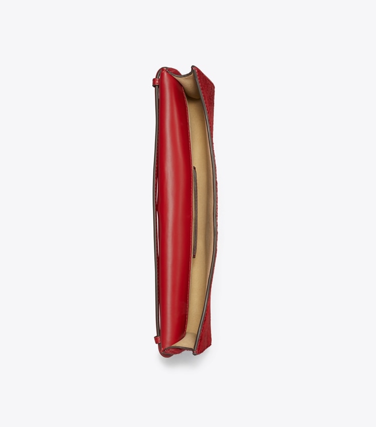 Tory Burch designer clutches Pierced Calf Hair Clutch in Toucan Red overhead