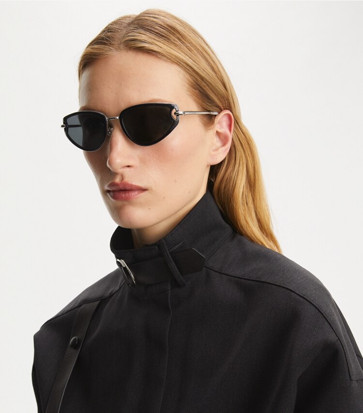 Tory Burch designer sunglasses & eyewear Pierced Cat-Eye Sunglasses in BLACK/DARK GREY accessory on model