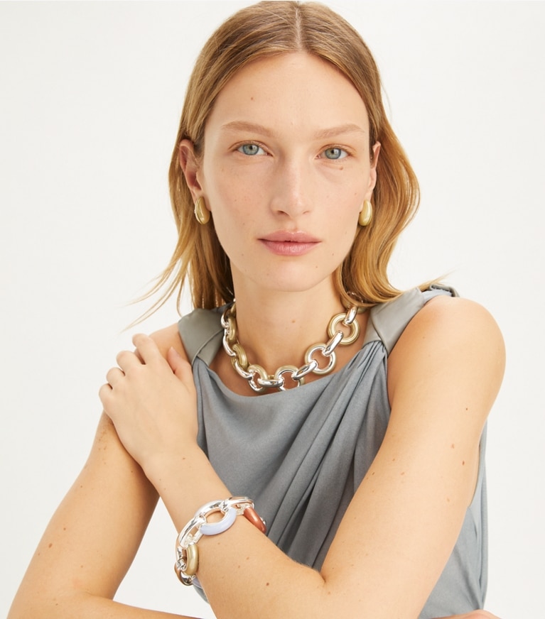 Tory Burch designer bracelets Pierced Chain Bracelet in Light Silver / Multi front