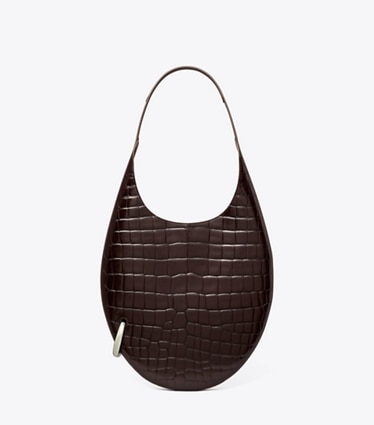 Tory Burch designer shoulder bags Pierced Croc-Embossed Bag in Dark Cocoa front