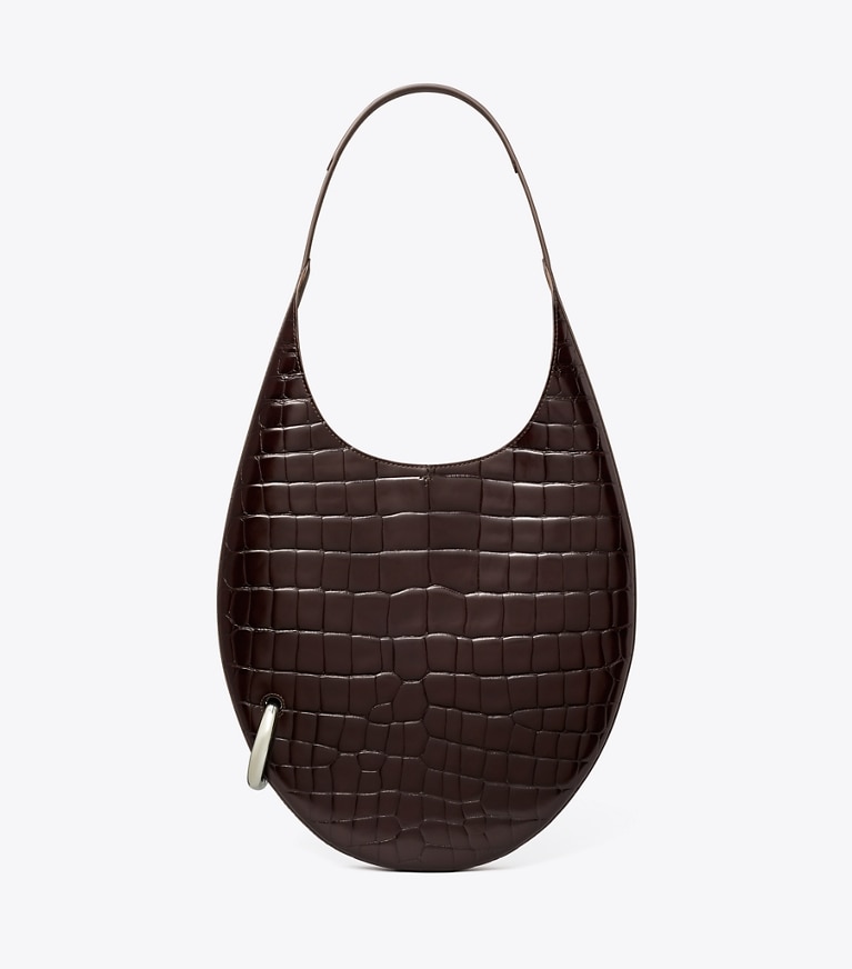 Tory Burch designer shoulder bags Pierced Croc-Embossed Bag in Dark Cocoa angle