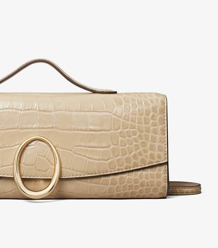 Tory Burch designer clutches Pierced Croc-Embossed Clutch in Ginger Leaf detail