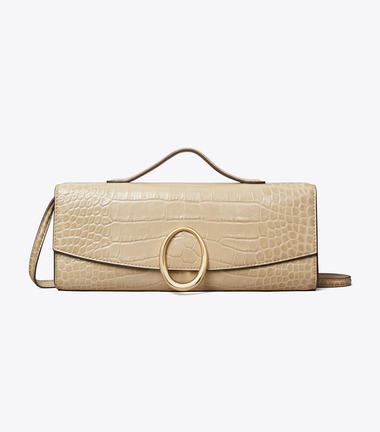 Tory Burch designer clutches Pierced Croc-Embossed Clutch in Ginger Leaf front