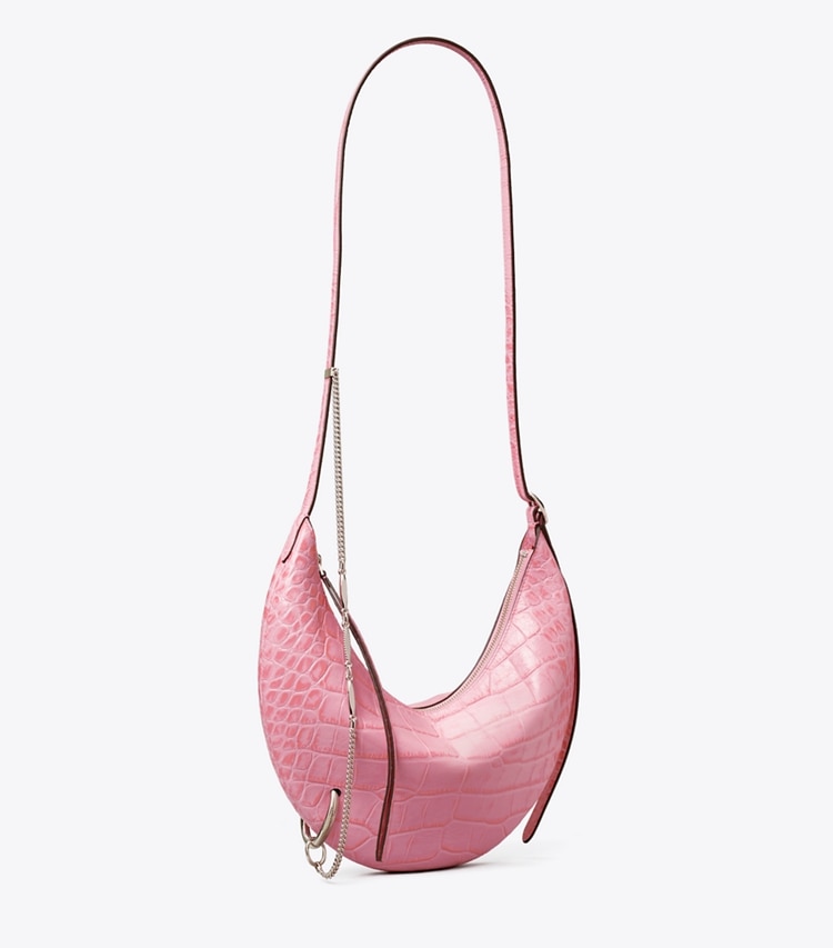 Tory Burch designer crossbody bags Pierced Croc-Embossed Crossbody Bag in Rose Sunset angle