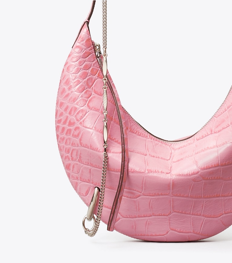Tory Burch designer crossbody bags Pierced Croc-Embossed Crossbody Bag in Rose Sunset detail