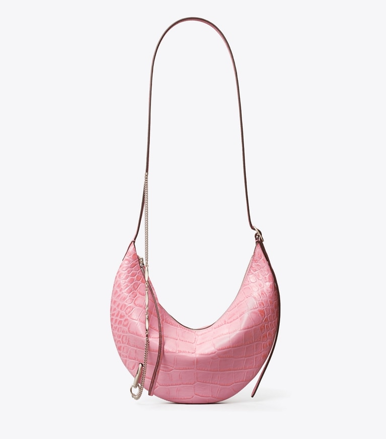 Tory Burch designer crossbody bags Pierced Croc-Embossed Crossbody Bag in Rose Sunset front