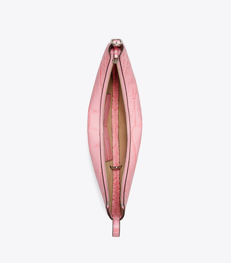 Tory Burch designer crossbody bags Pierced Croc-Embossed Crossbody Bag in Rose Sunset overhead