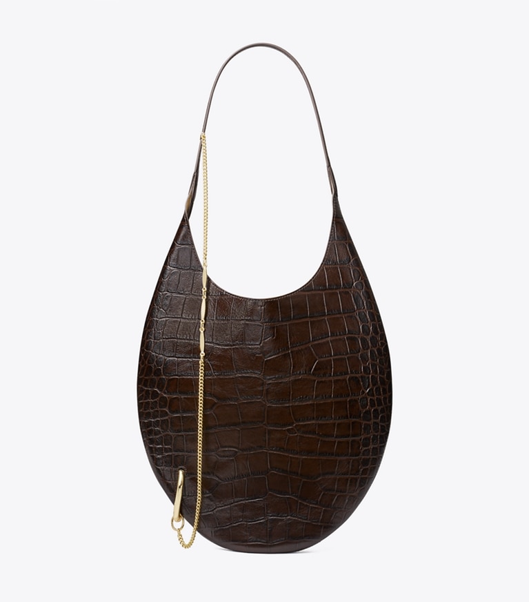 Tory Burch designer shoulder bags Pierced Croc-Embossed Soft Bag in Coco front