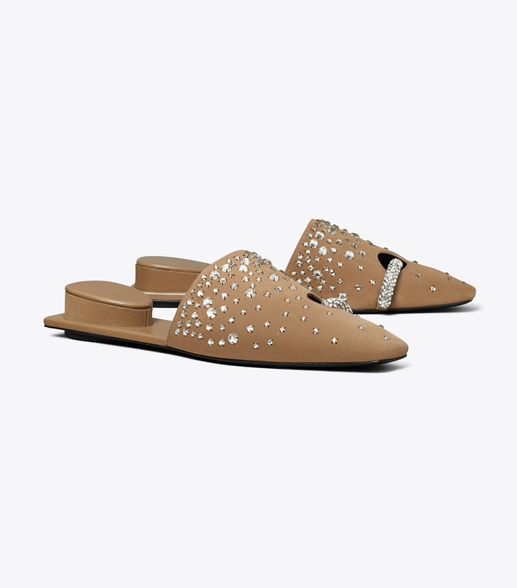 Tory Burch designer flats Pierced Crystal Mule in RIVER ROCK / CRYSTAL angle